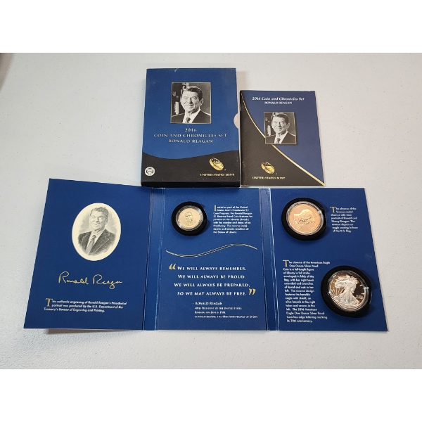 US Mint 2016 Ronald Reagan Coin and Chronicles 3-Coin Set Including Silver Eagle