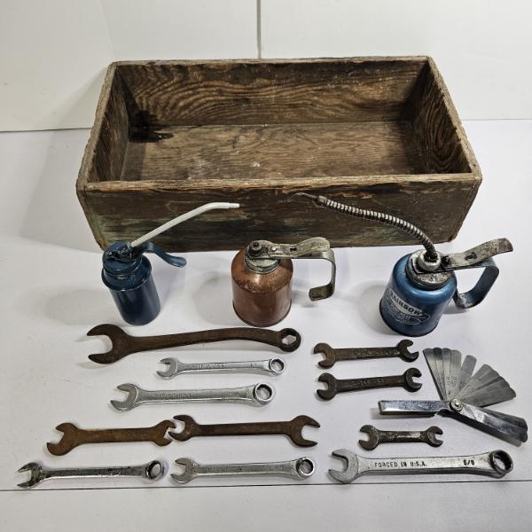 Vintage Set of Wrenches and Oil Cans with Wooden Tool Box