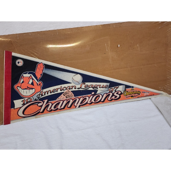 Vintage 1997 American League Champions Cleveland Indians Pennant Banner ~ About 30" Long