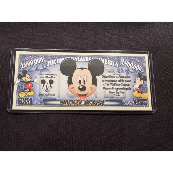 Disney Mickey Mouse One Million Dollar Bill In Protective Case - Mint Condition