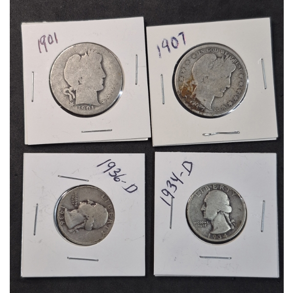 U.S. 90% SILVER COINS - 4 Pcs - 2 BARBER HALVES - 2 WASHINGTON QUARTERS $1.50 FACE VALUE