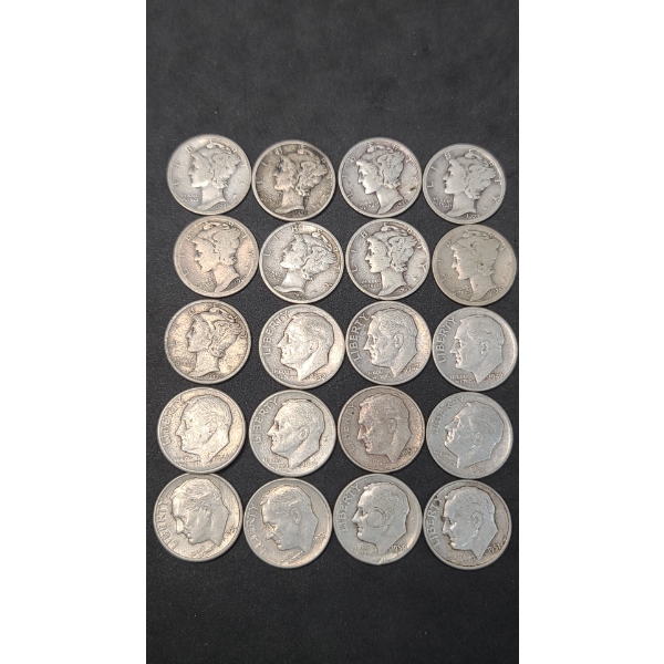 Assorted Years 90% Silver Mercury/Roosevelt Dimes - Face Value: $2.00