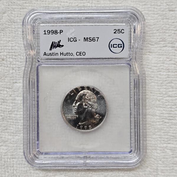 Austin Hutto Signed 1998-P Washington Quarter graded MS67 by ICG