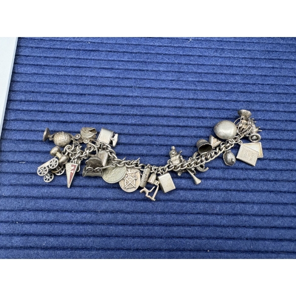 Sterling Charm Bracelet - Bells - Love is Blind - Globe - Flask - Pig - Fan - Etc - 49.9 Grams