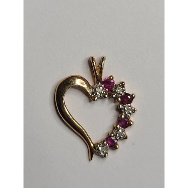 10K Yellow Gold Diamond & Ruby Open-Heart Pendant - Weight: 1.4g