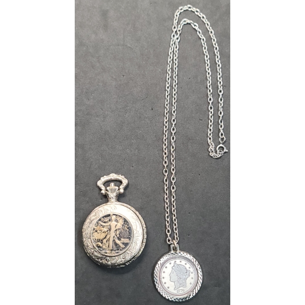 American Historic Society Quartz Pocket Watch & Coin Replica Necklace 