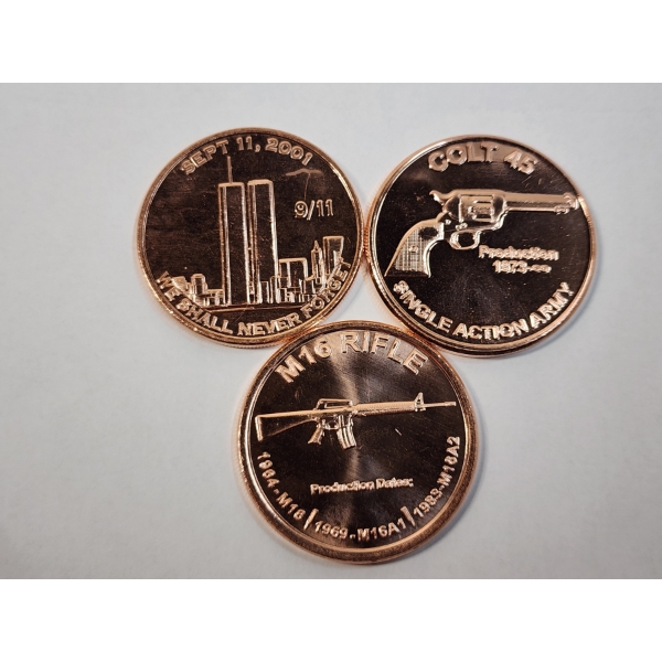 3 - 1 AVDP Ounce .999 Fine Copper Rounds: 9/11, Colt 45, & M16 Rifle Designs (3 oz Total) Mint Cond.