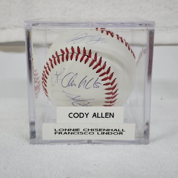 CODY ALLEN, LONNIE CHISENHALL & FRANCISCO LINDOR Hand Signed Official Size Rawlings Baseball in Case