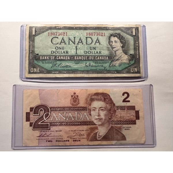 2 - Old Canadian Queen Elizabeth Banknotes In Protective Holders - $1.00 & $2.00 Bill
