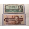 Image 1 : 2 - Old Canadian Queen Elizabeth Banknotes In Protective Holders - $1.00 & $2.00 Bill