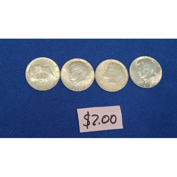 1964 90% Silver Kennedy Half Dollars - Face Value: $2.00