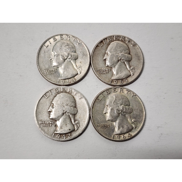 Four Assorted Years 90% Silver Washington Quarters - FV: $1.00