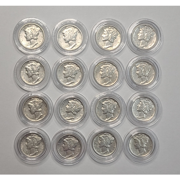 Assorted Years 90% Silver BU Condition Mercury Dimes In Coin Capsules - Face Value: $1.60