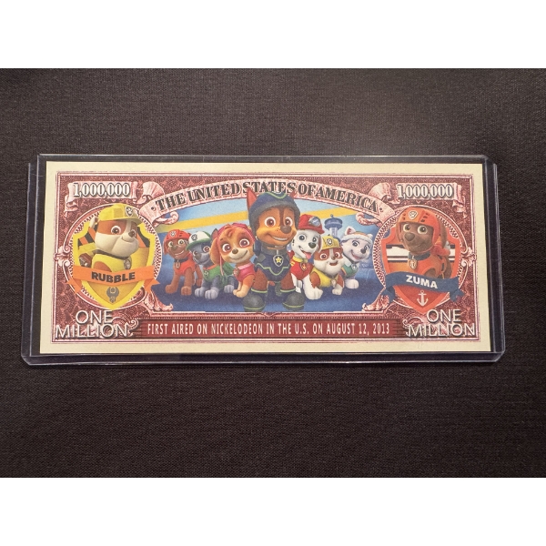 2013 Paw Patrol One Million Dollar Bill In Protective Holder - Mint Condition