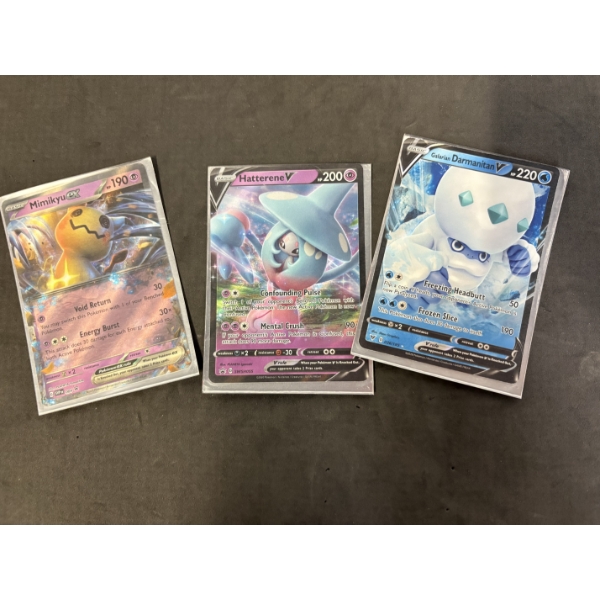 3 Pokemon Trading Cards - Hatterene V - Mimikyu ex - Galarian Darmanitan v
