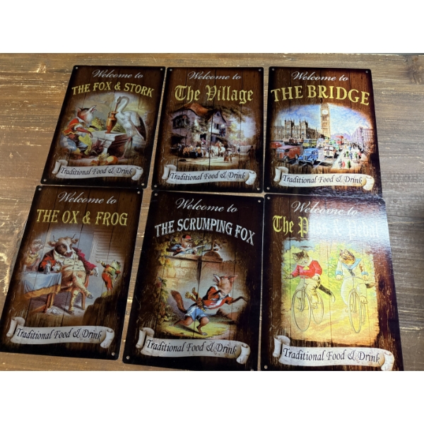6 Tin 12''x9'' Decorative Welcome Signs - The Ox & Frog - The Bridge - The Puss & Pedal & More