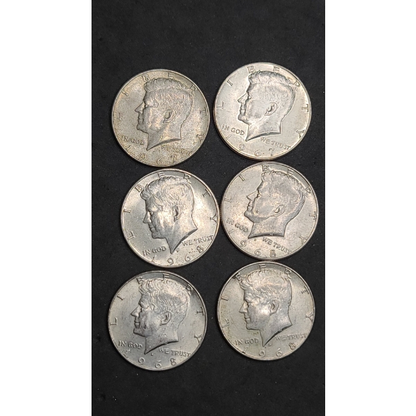 (6) 1967/1968 40% Silver Kennedy Half Dollars - Face Value: $3.00