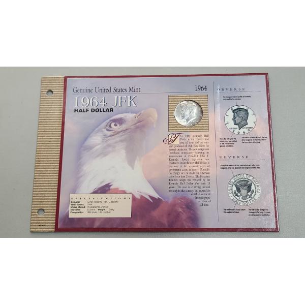 1964 90% Silver Kennedy Half Dollar On The American Historic Society Display Card