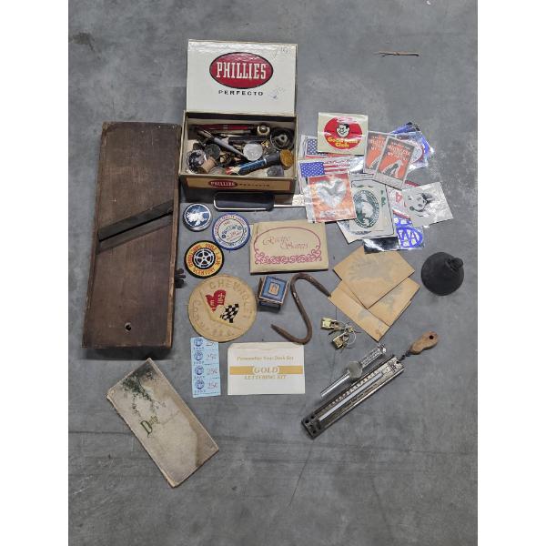 Vintage Collectables Including Bell, Thermometer, Patches, Coins And More