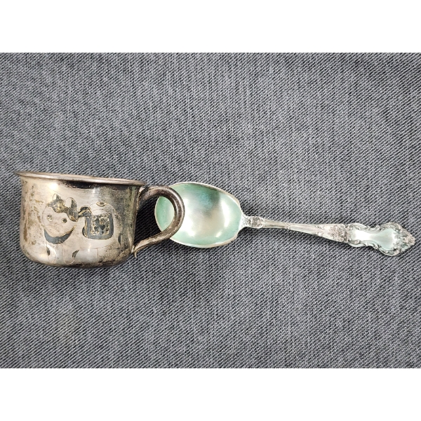 Vintage Sterling Silver Spoon & Small Cup Ft. Engraved Cat Picture Weighing 74.5 Grams