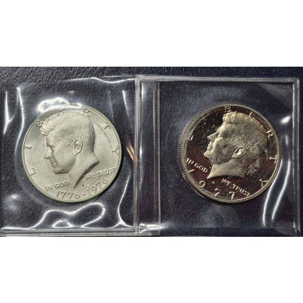 2 Pcs Half Dollars - 40% Silver Kennedy 1776/1976  & 1977 JFK Clad Proof Half Dollar