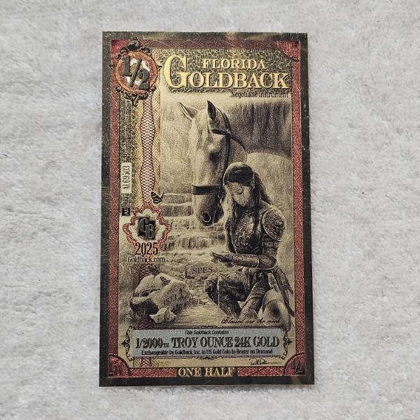 2025 Florida 1/2 Goldback 1/2000 Troy Ounce 24K Gold Aurum Bullion Note