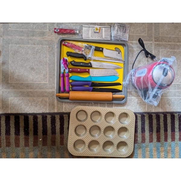 Kitchen Lot - Knives, Rolling Pin, New Dash Pot & More