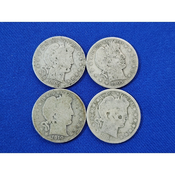 x4 United States Barber Half Dollars: 1910, 1906, 1906, 1905 - 90% Silver - FV: $2.00