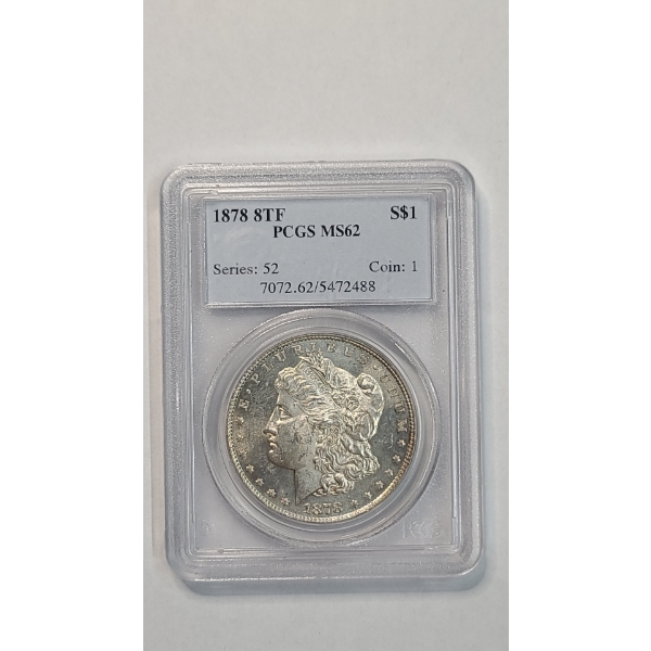 PCGS 1878 8 Tail Feathers MS62 90% Silver Morgan Dollar 