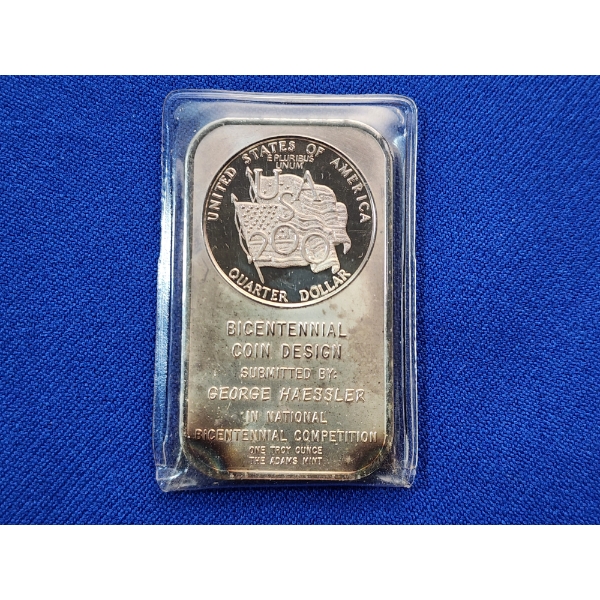 U.S. Bicentennial Coin Design - One Troy Ounce .999 Fine Silver Bar - The Adams Mint 