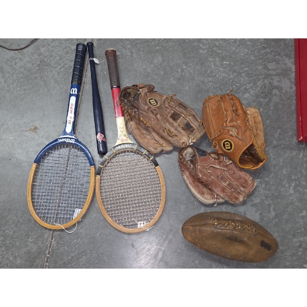 Vintage Rackets, Three Baseball Gloves, Collectable Indians Bat & Vintage Football