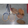 Image 1 : Vintage Rackets, Three Baseball Gloves, Collectable Indians Bat & Vintage Football