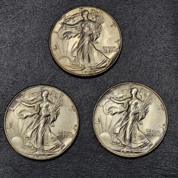 3 Pcs - 1946 P / 1946 D / 1946 S  Walking Liberty Half Dollars - High Grade - See Pics