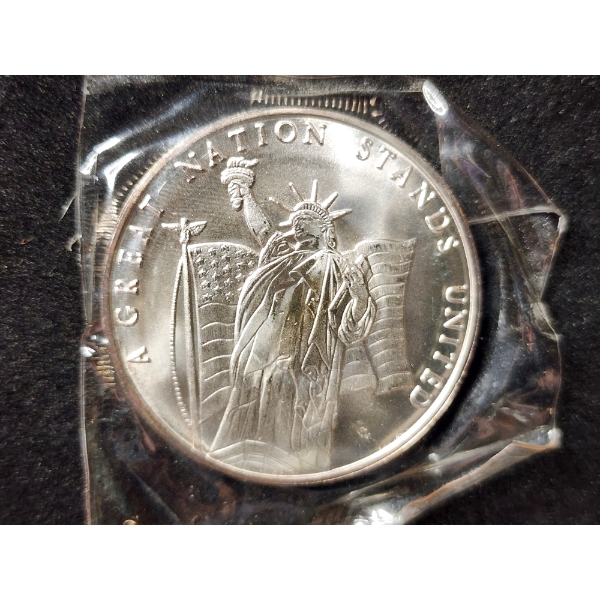 A Great Nation Stands Strong 9/11 Liberty One Troy Oz .999 Fine Silver Bullion Round in Plastic