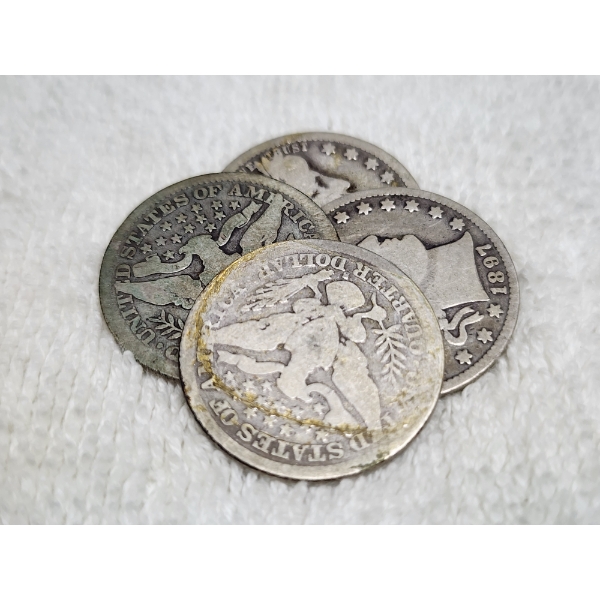 Four Assorted United States 90% Silver Barber Quarters ~ $1.00 Face Value!