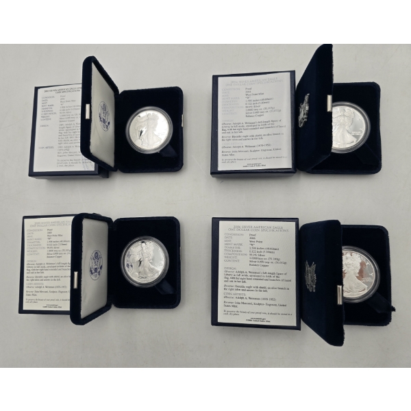 Lot of (4) "W" One Dollar Silver American Eagle Proofs