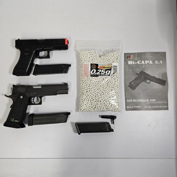 WE Hi-Capa 5.1 And Glock Style Gas Blowback Airsoft Pistol Lot With Three Magazines And 0.25g BBs