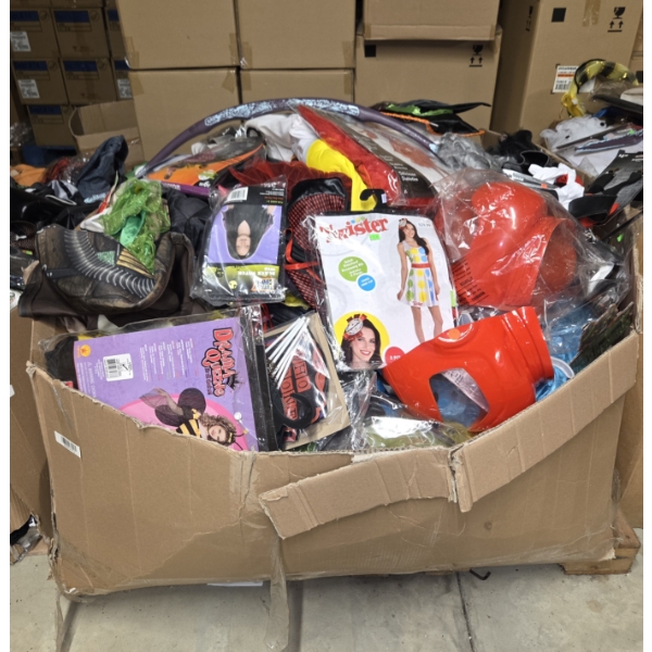 Brand New 49''x50''x27'' Box Of Assorted Sized Halloween Costumes Including, Wigs, Outfits, Accessor