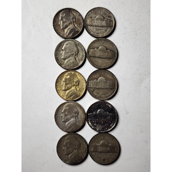 10 Assorted United States Silver Wartime Nickels ~ Total Face Value of $0.50!