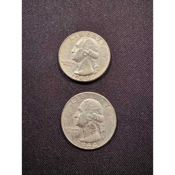 2 - 1964 United States Washington Silver Quarters - 90% Silver - $.50 Cents Face Value