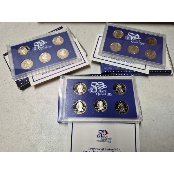 UNITED STATES COINS - 3 Qty  - 50 STATE QUARTERS PROOF SETS - 1999 CT, 2000 MA, 2001 NY