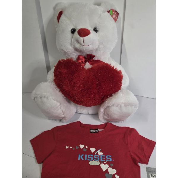 Brand New Large Cuddly 21'' White Plush Bear With Heart And Size Juniors Large Red Kisses T-Shirt 