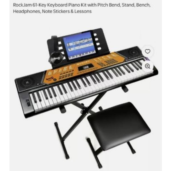 Brand New Rock Jam 61 Key Keyboard Piano w / Pitch Bend Kit, Keyboard Stand Piano Bench & Headphones