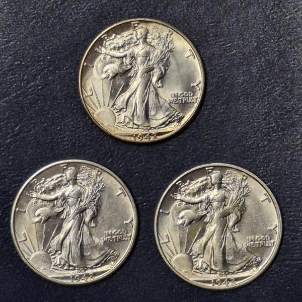 3 Pcs - 1942 P / 1942 D / 1942 S  Walking Liberty Half Dollars - High Grade - See Pics