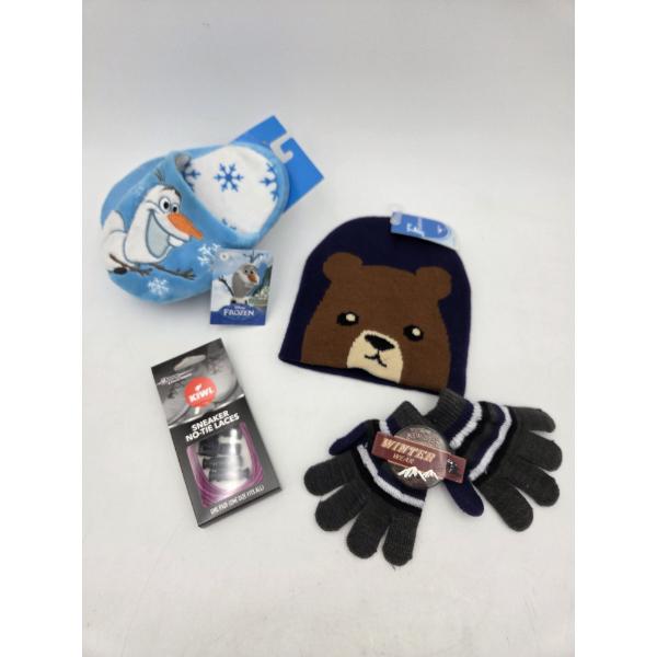 Brand New Toddler Group Including Adorable Frozen Slippers, Bear Hat, Stretch Gloves, And No Tie Sho