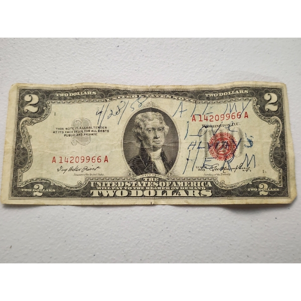 Series 1953 United States $2 Bill Red Seal Banknote SN A14209966A