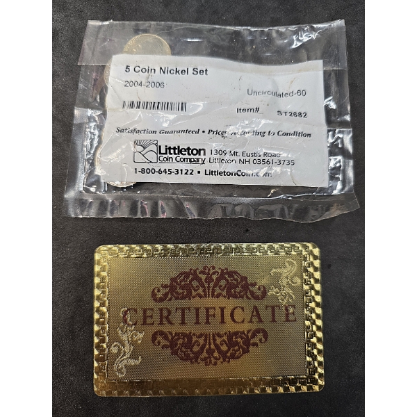 Littelton 5 Coins Nickel Set and 24k Gold Foil Certificate