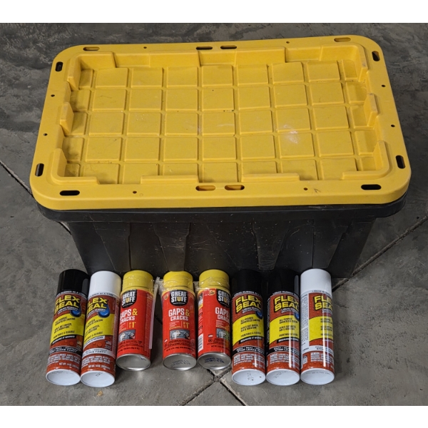27 Gallon Tough Tote With 5 Cans Of Flex Seal And 3 Cans Of Crack & Gap Filler