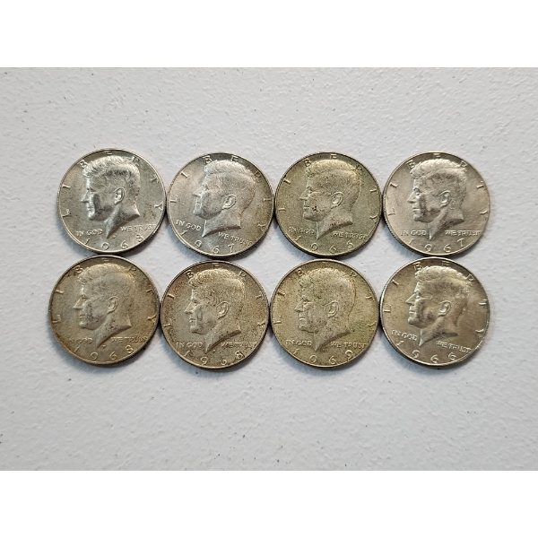 x8 Assorted Years 40% Silver Kennedy Half Dollars FV: $4.00