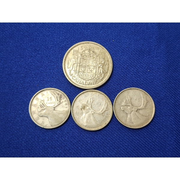 x4 80% Silver Canadian Coins: 1957 50-Cent Coin / 1954, 1965, 1941 25-Cent Coins